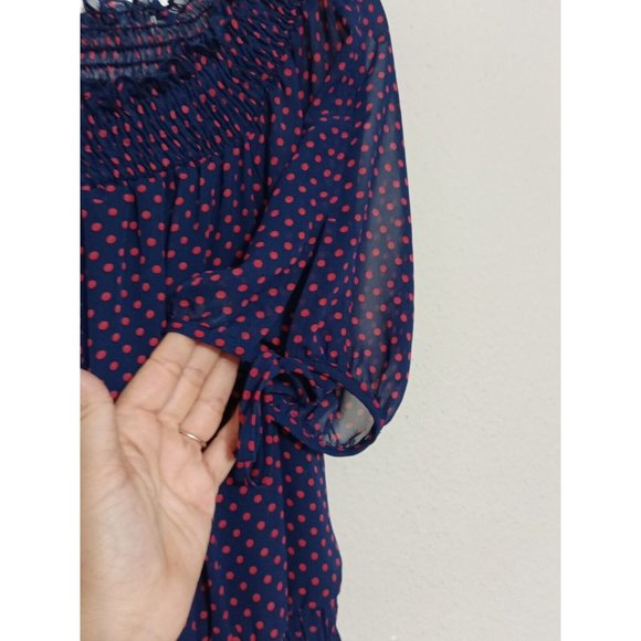 Women's En Focus Blue Polka Dot Pink Drop Waist Flowy Dress Size 14 - Picture 4 of 6